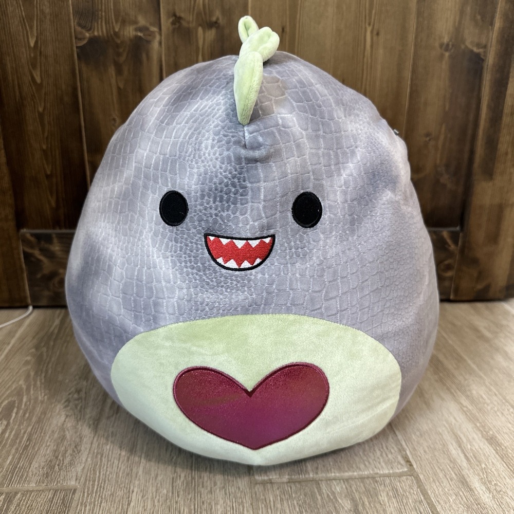 Squishmallow 16" Xander T-Rex Dinosaur Valentine Gray Plush Heart NWT Kellytoy